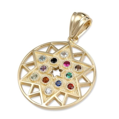 Pendentif étoile de David Hoshen en or jaune 14 carats (douze tribus d'Israël)