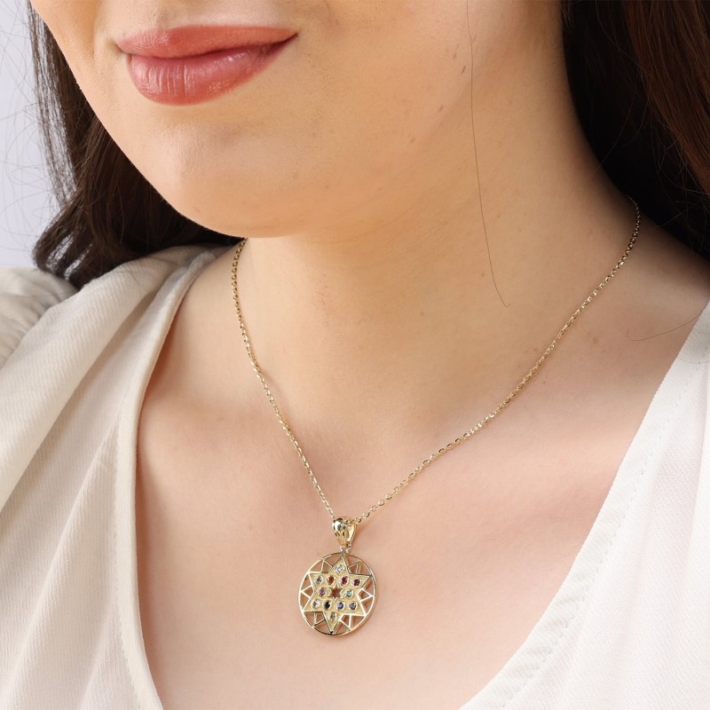 Pendentif étoile de David Hoshen en or jaune 14 carats (douze tribus d'Israël)
