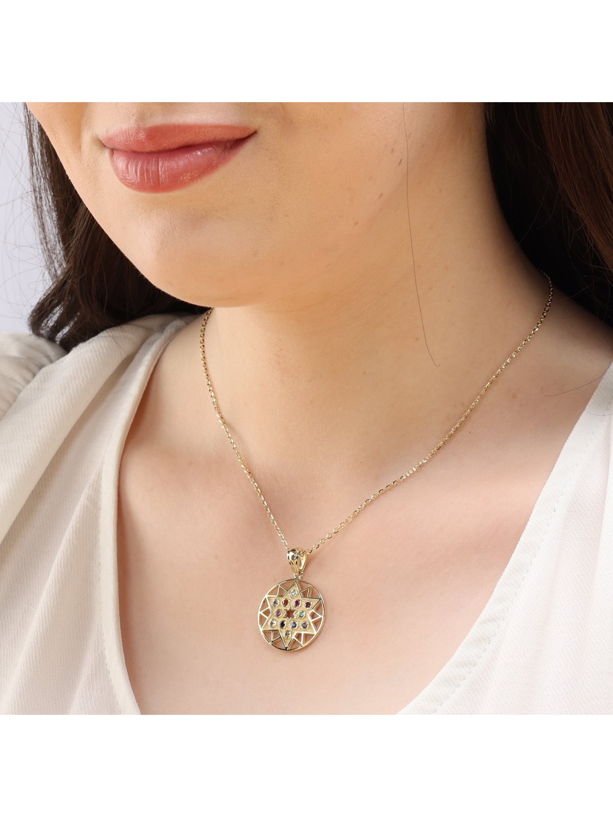 Pendentif étoile de David Hoshen en or jaune 14 carats (douze tribus d'Israël)