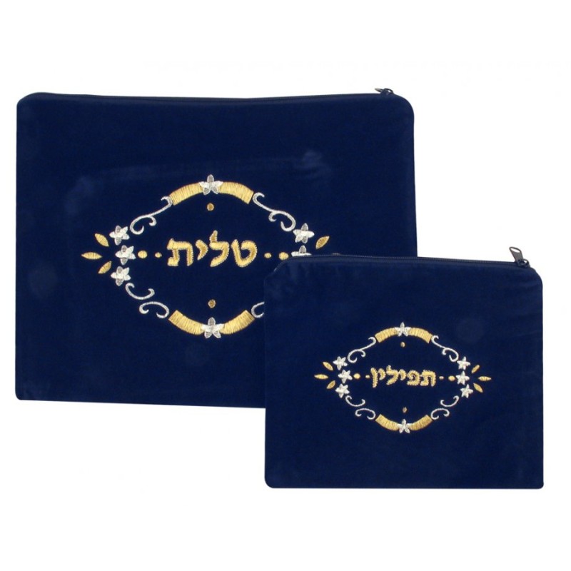 Dark Blue Velvet Tallit Tefillin Bags flowe... | Talit & Tefillin Bags
