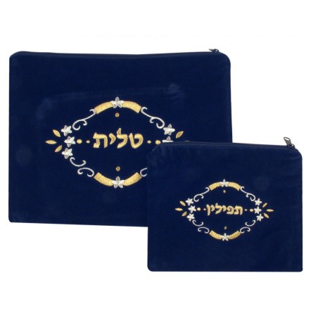 Dark Blue Velvet Tallit Tefillin Bags flowe... | Talit & Tefillin Bags