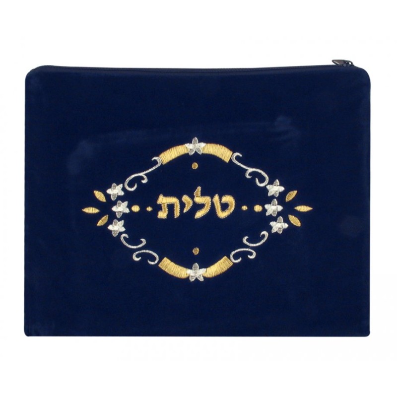 Dark Blue Velvet Tallit Tefillin Bags flowe... | Talit & Tefillin Bags