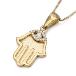 14K Yellow Gold Hamsa Pendant with Diamond Evil Eye - Small
