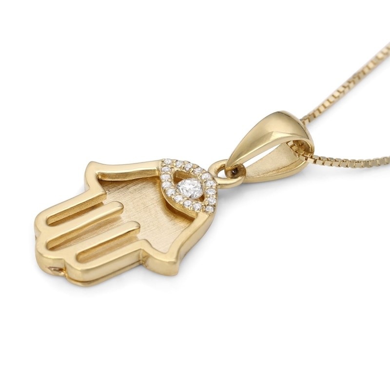 Pendentif Hamsa en or jaune 14 carats avec diamant mauvais œil - Petit