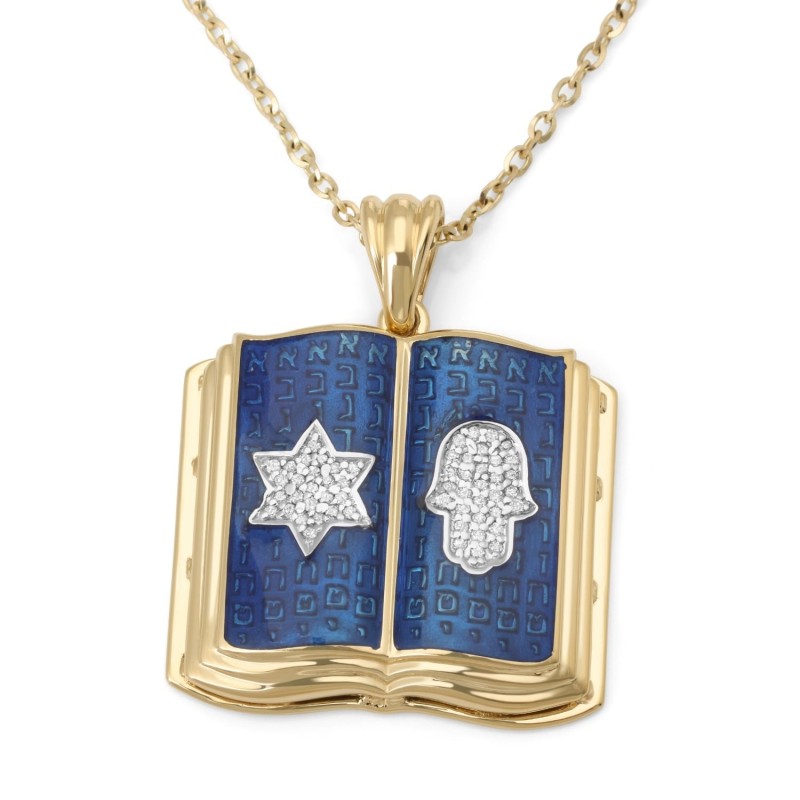 14K Gold and Diamonds Ten Commandments Pendant with Hamsa and Star of