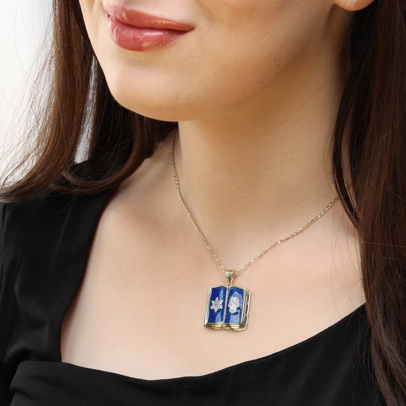 Pendentif Dix Commandements en or 14 carats et diamants avec Hamsa et étoile de