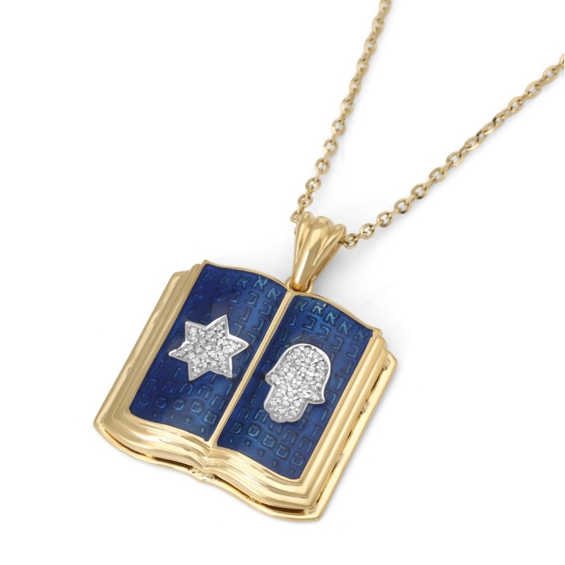 Pendentif Dix Commandements en or 14 carats et diamants avec Hamsa et étoile de