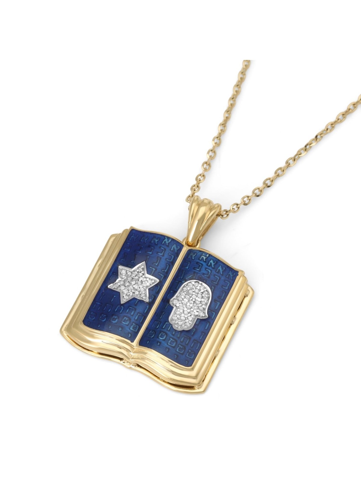 Pendentif Dix Commandements en or 14 carats et diamants avec Hamsa et étoile de