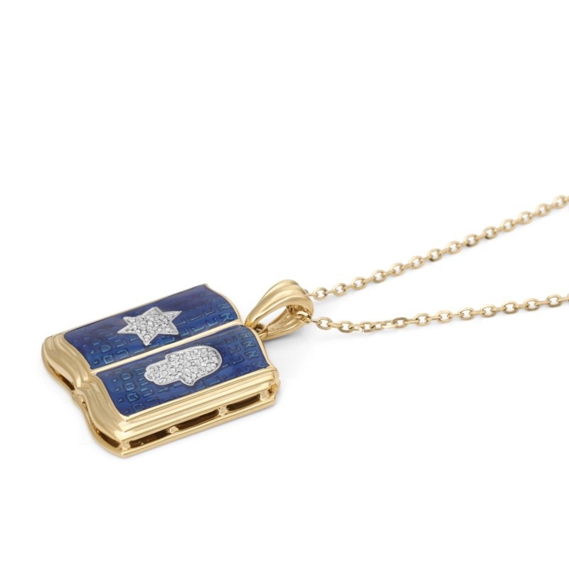 Pendentif Dix Commandements en or 14 carats et diamants avec Hamsa et étoile de