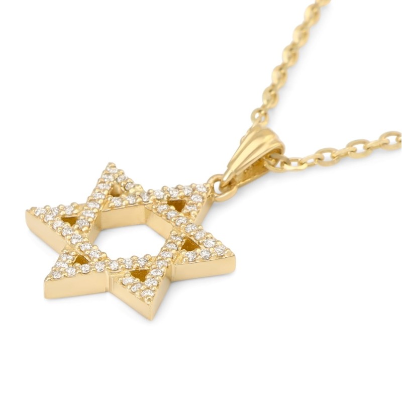 14K Gold Star of David Pendant Necklace with Diamond Embellishments