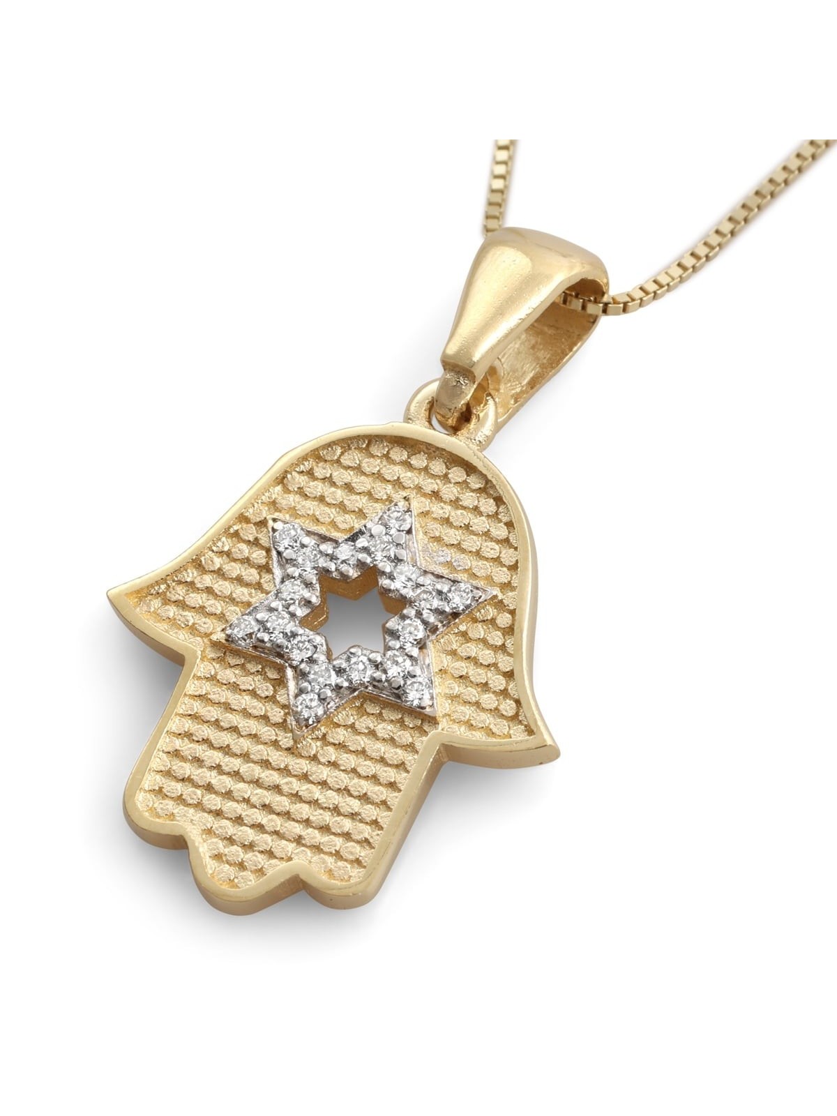 14K Yellow Gold Hamsa Pendant Necklace With White Diamond Star of Davi