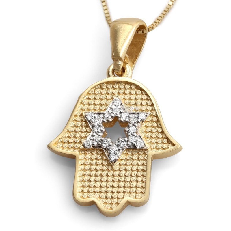 Collier pendentif Hamsa en or jaune 14 carats avec étoile de Davi en diamant blanc