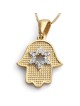 14K Yellow Gold Hamsa Pendant Necklace With White Diamond Star of Davi