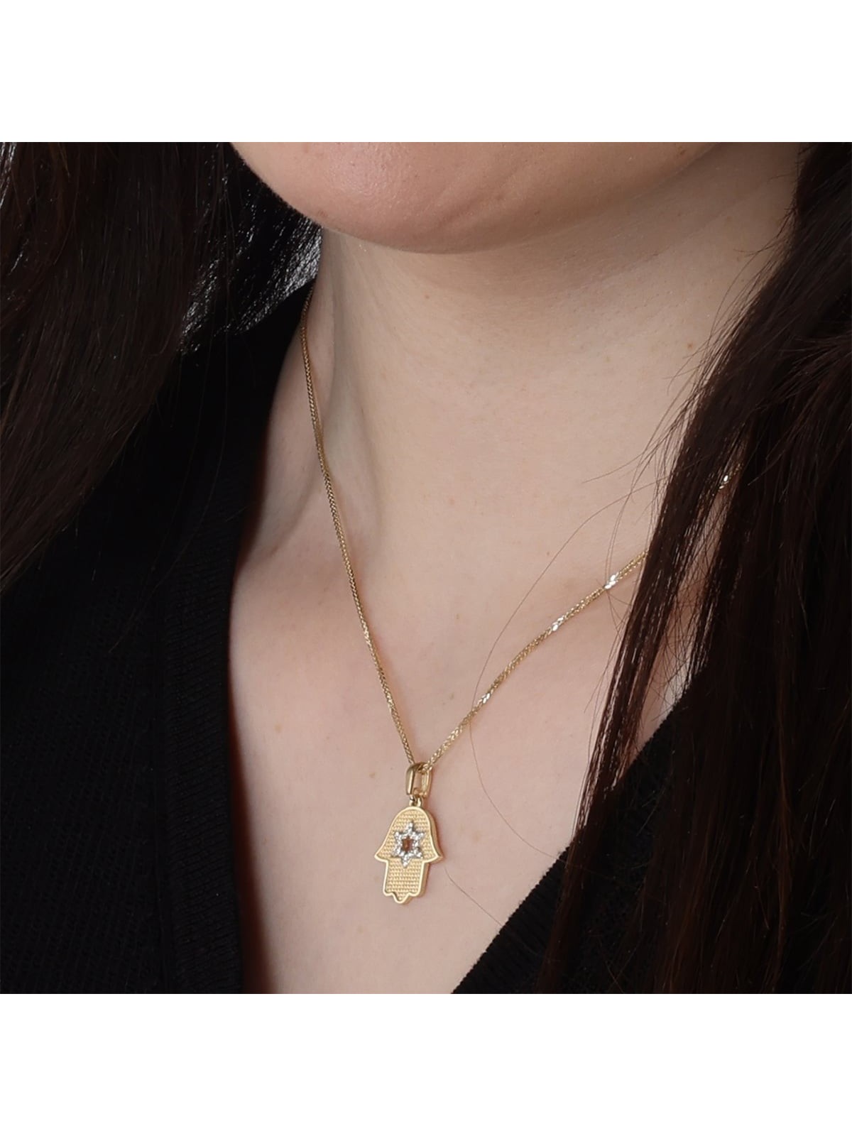 14K Yellow Gold Hamsa Pendant Necklace With White Diamond Star of Davi