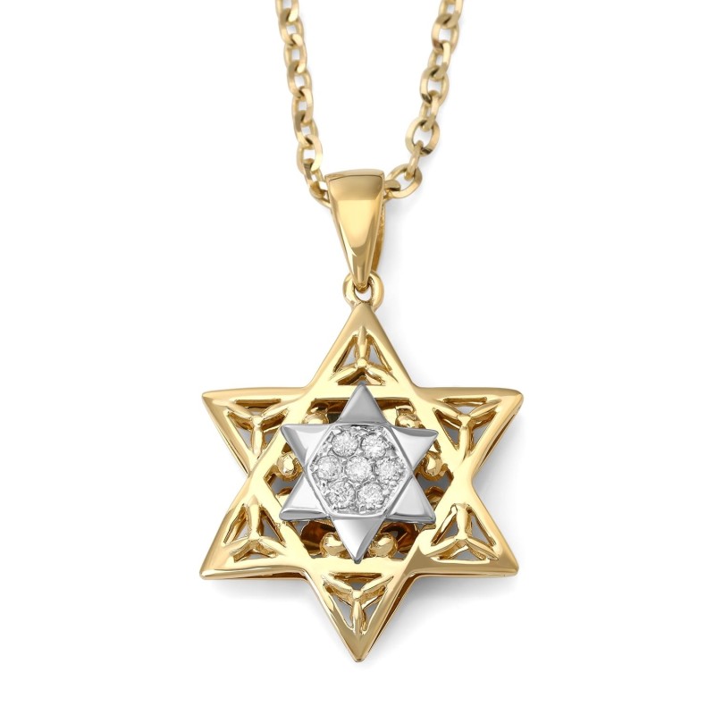 Petit pendentif double étoile de David pour femme en or 14 carats avec diamants (Col