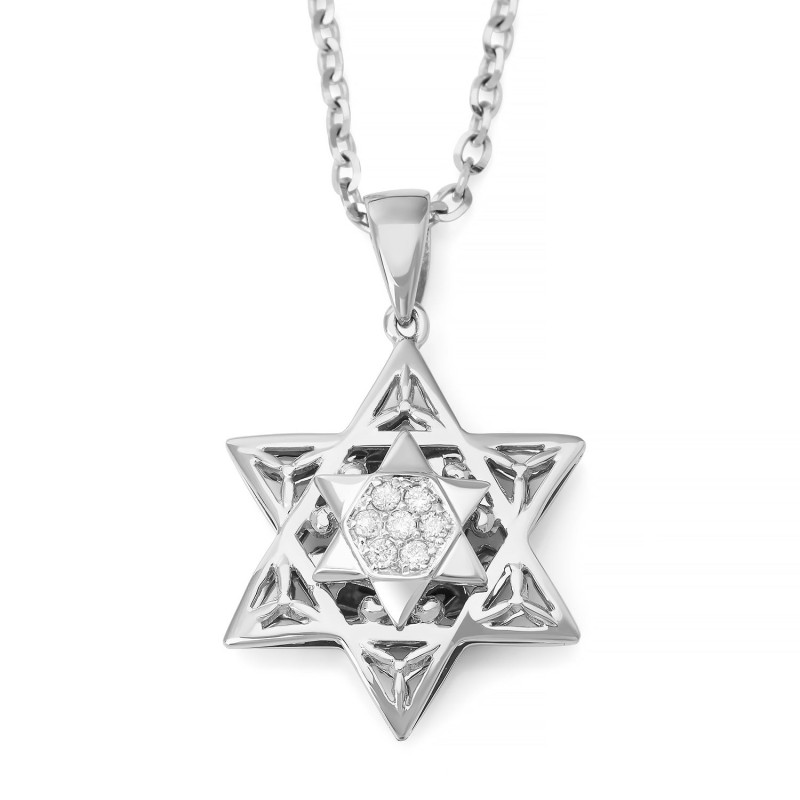 תליון מגן דוד זוגי קטן זהב 14K לנשים עם יהלומים (קול