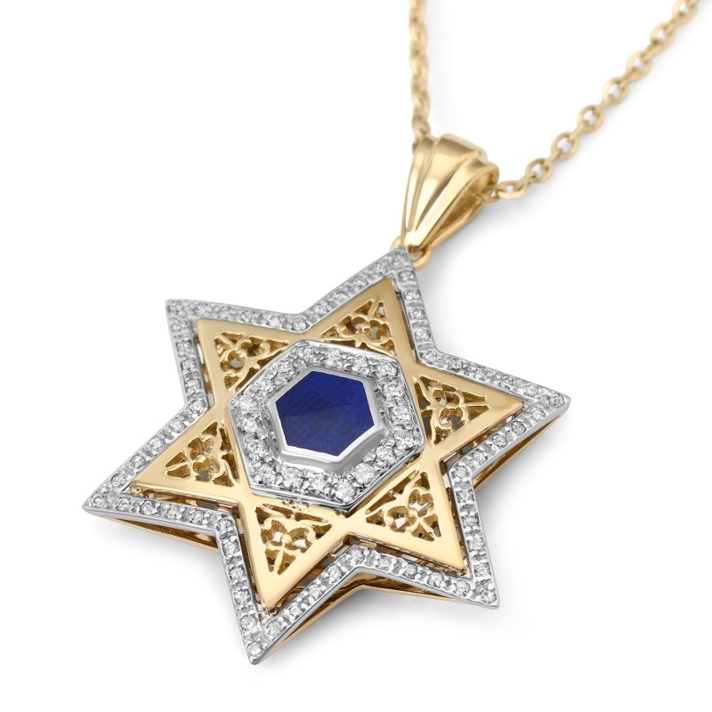 Women's 14K Gold Large Star of David Pendant with Diamonds and Enamel