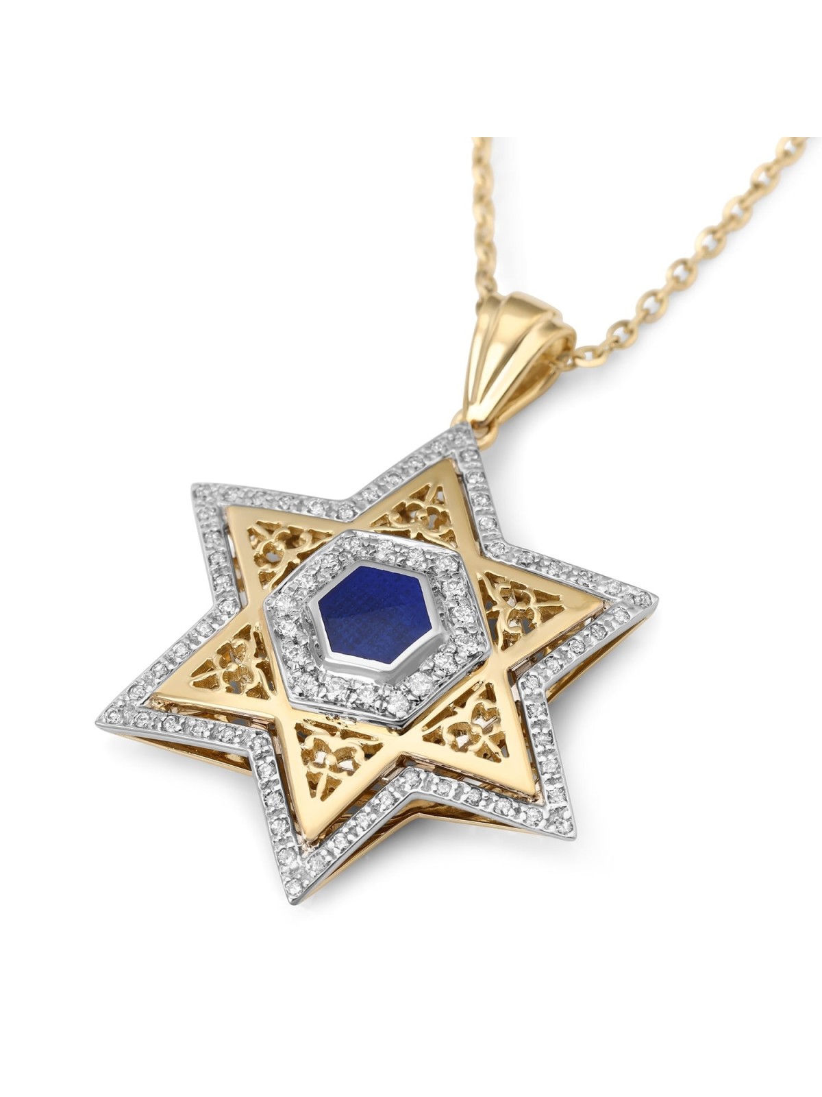 Women's 14K Gold Large Star of David Pendant with Diamonds and Enamel