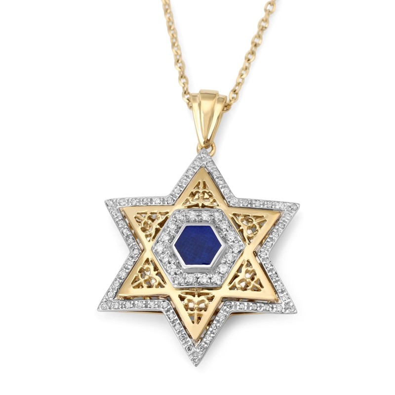 Pendentif grande étoile de David en or 14 carats pour femme avec diamants et émail