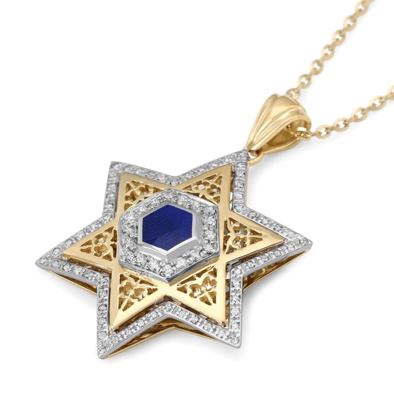 Pendentif grande étoile de David en or 14 carats pour femme avec diamants et émail