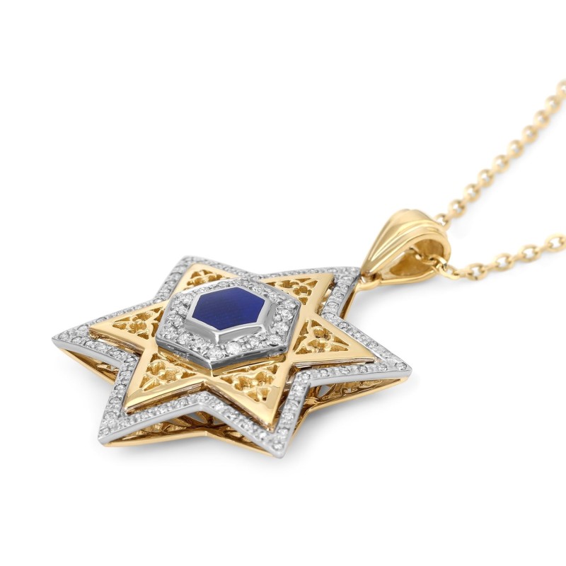 Pendentif grande étoile de David en or 14 carats pour femme avec diamants et émail