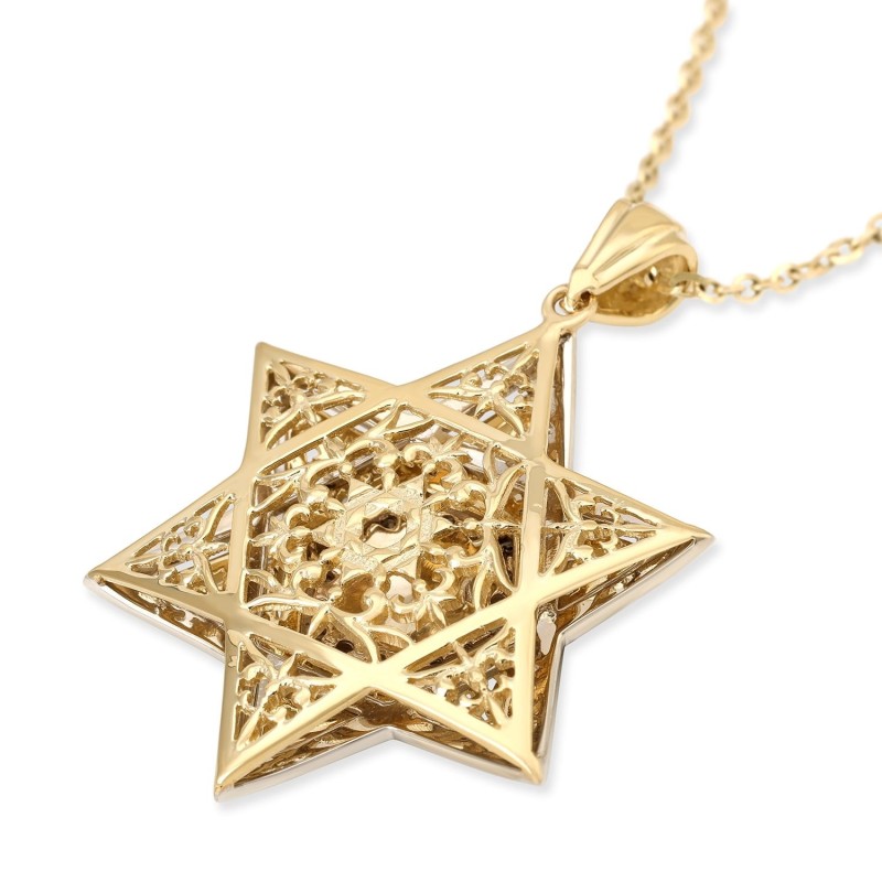 Pendentif grande étoile de David en or 14 carats pour femme avec diamants et émail