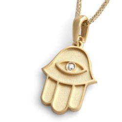 14K Gold Hamsa Pendant Necklace With White Diamond (Choice of Colors)