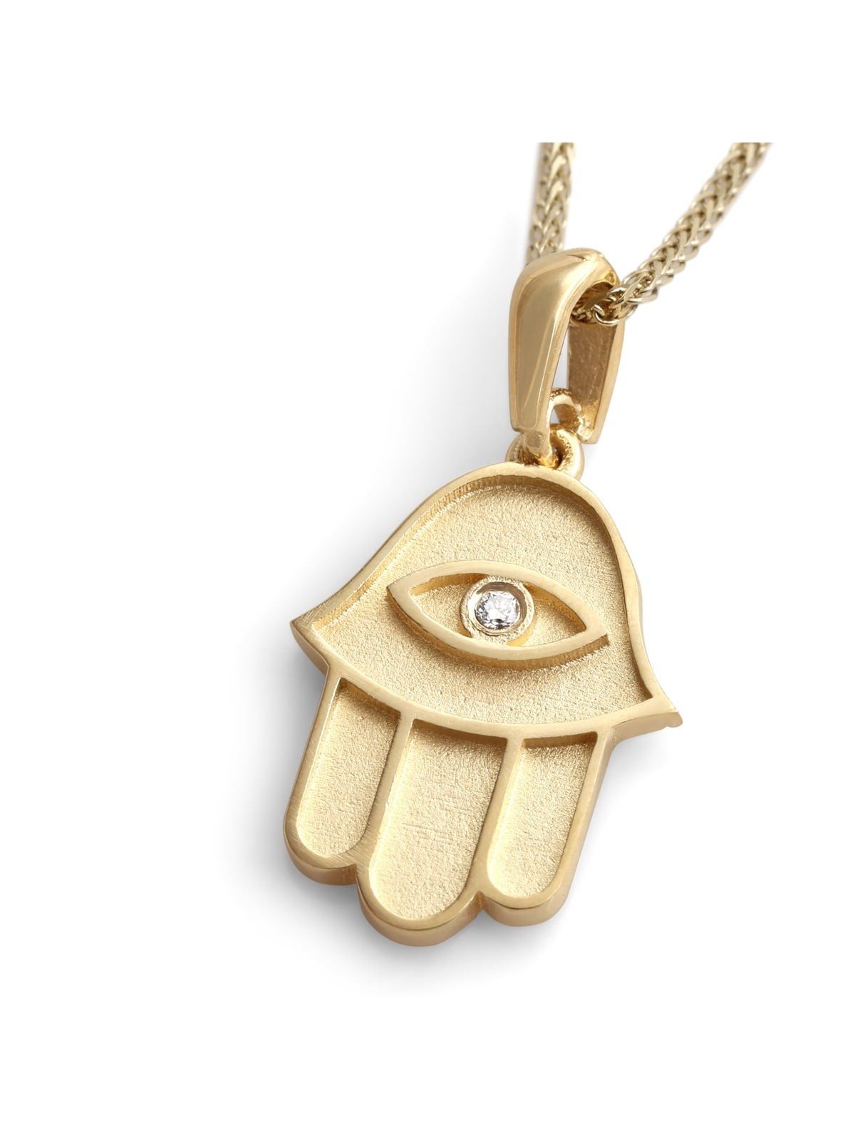 14K Gold Hamsa Pendant Necklace With White Diamond (Choice of Colors)
