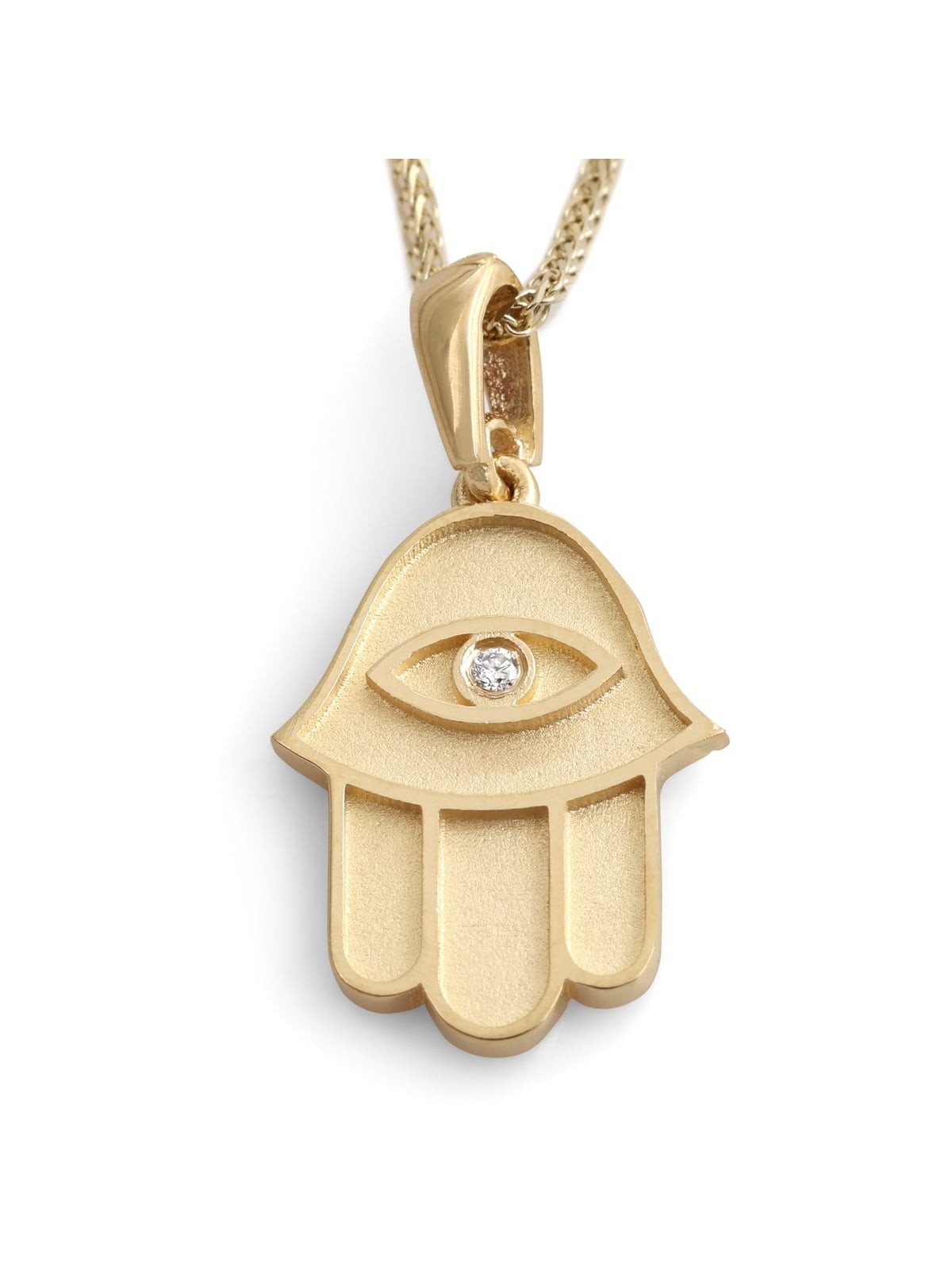 14K Gold Hamsa Pendant Necklace With White Diamond (Choice of Colors)