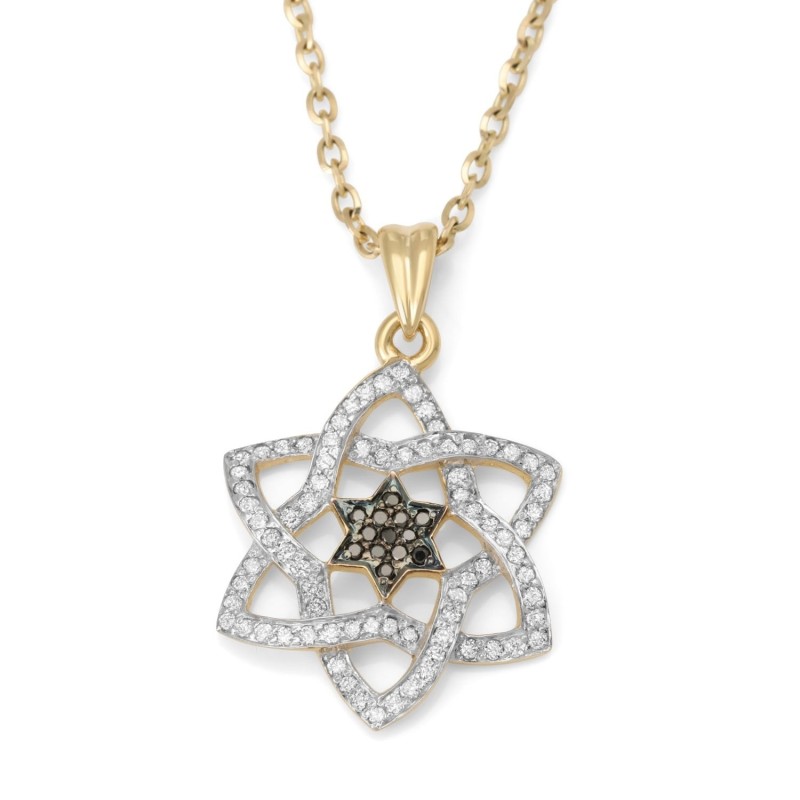 Pendentif élégant étoile de David doublé en or 14 carats avec di noir et blanc
