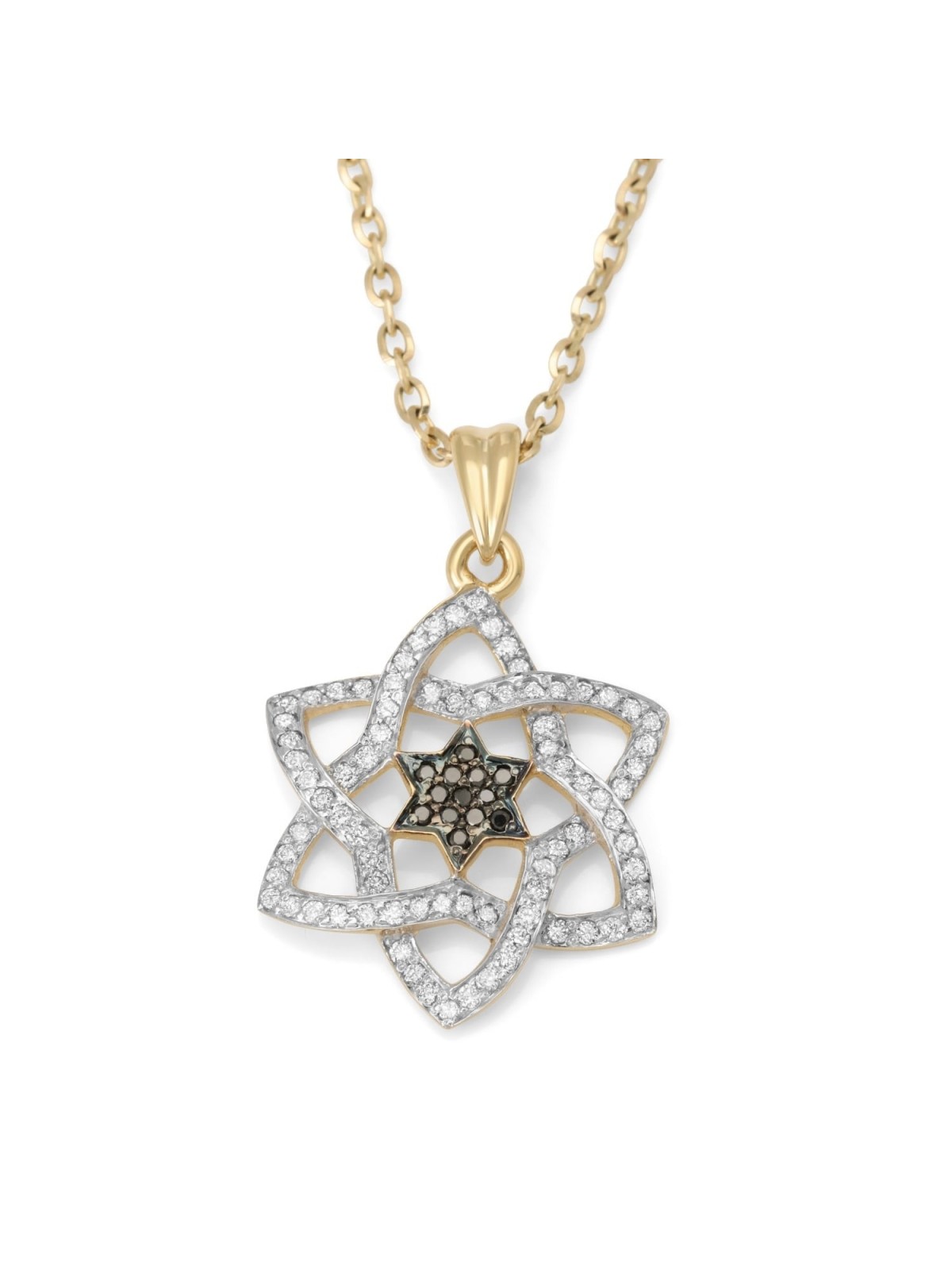 14K Gold Stylish Doubled Star of David Pendant with Black and White Di