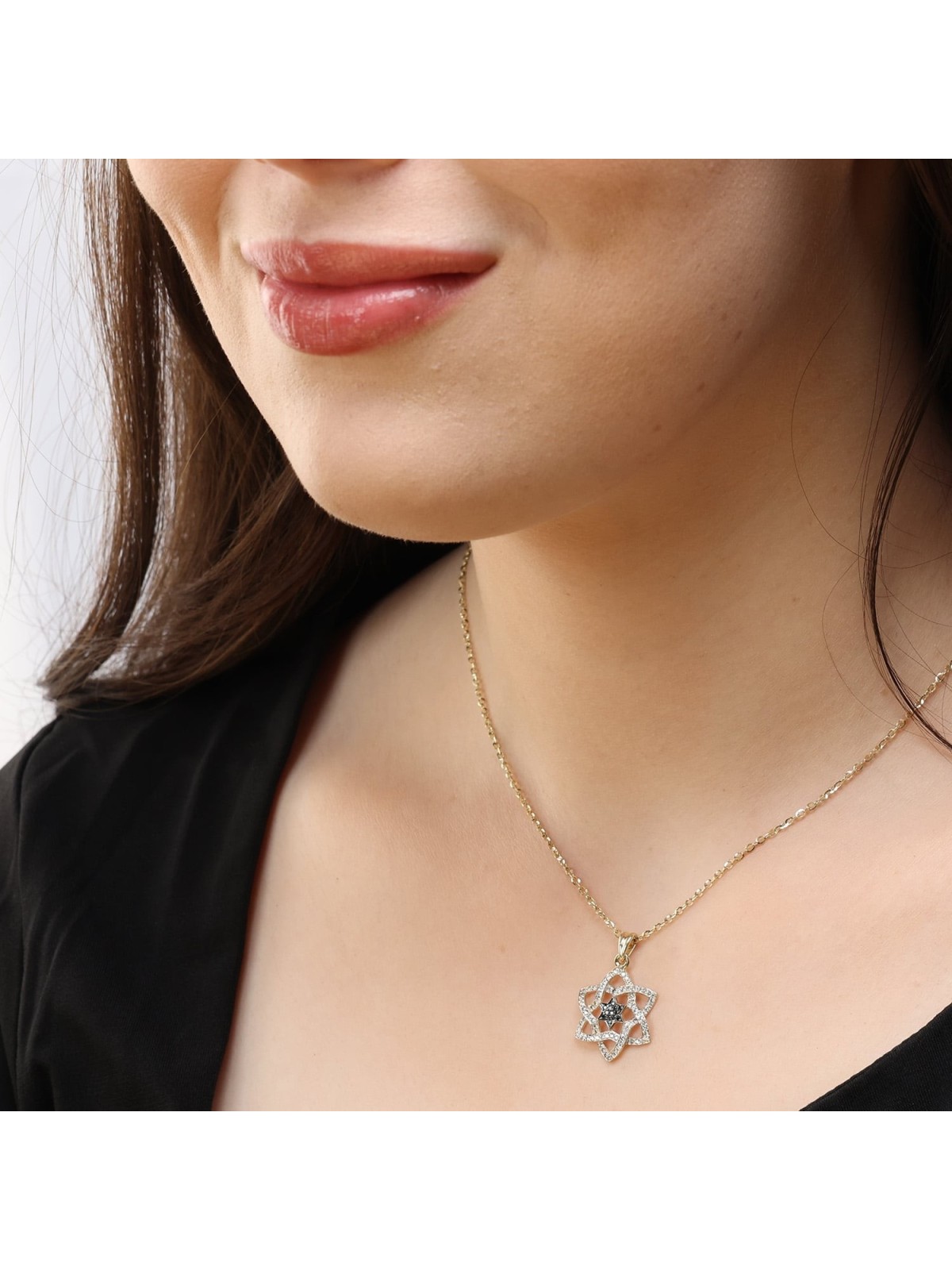 14K Gold Stylish Doubled Star of David Pendant with Black and White Di