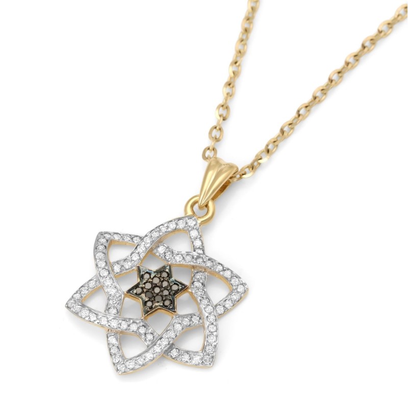 Pendentif élégant étoile de David doublé en or 14 carats avec di noir et blanc