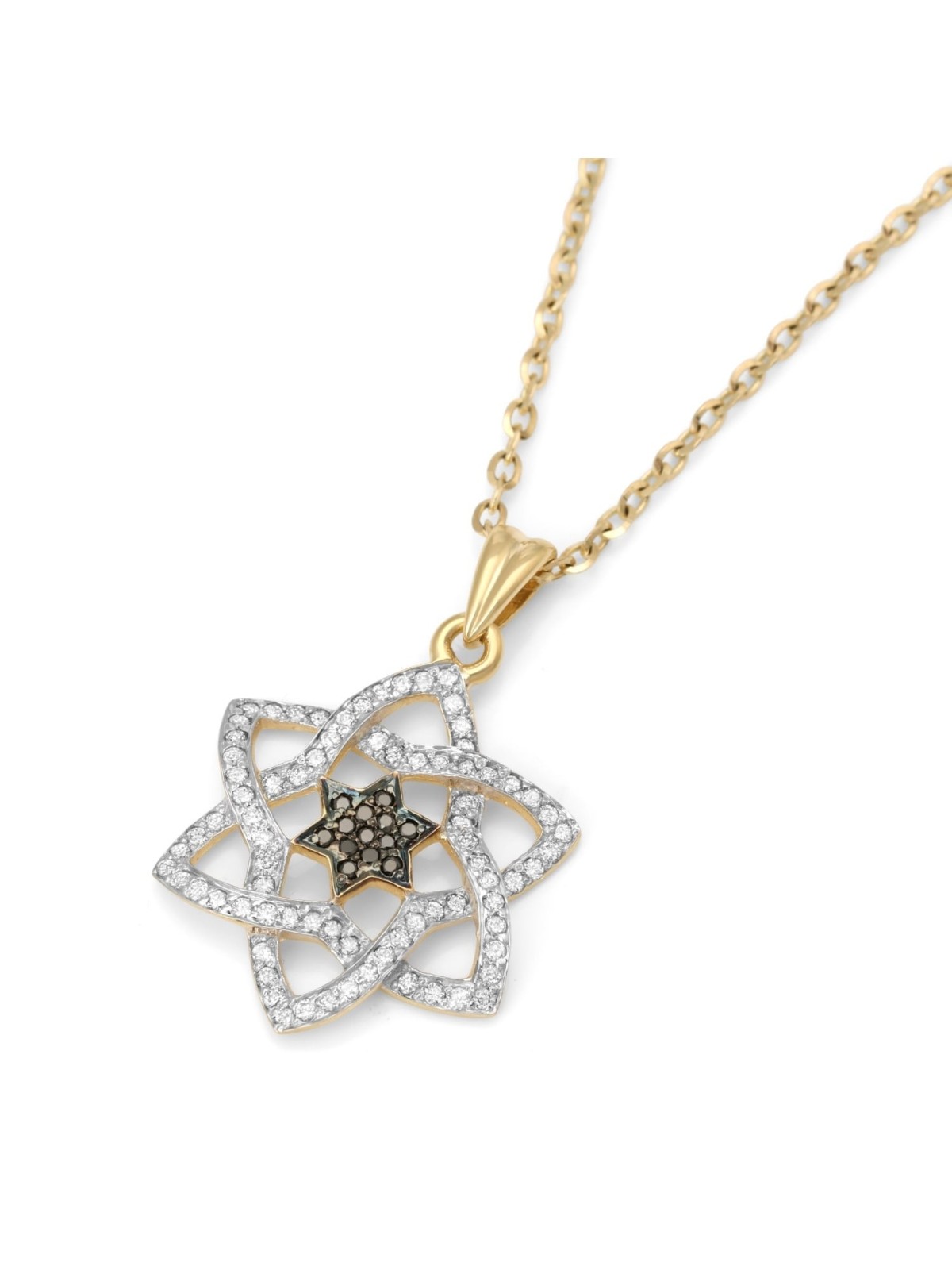 14K Gold Stylish Doubled Star of David Pendant with Black and White Di