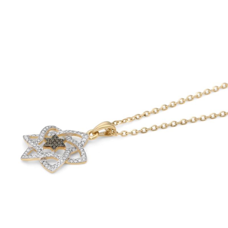 Pendentif élégant étoile de David doublé en or 14 carats avec di noir et blanc
