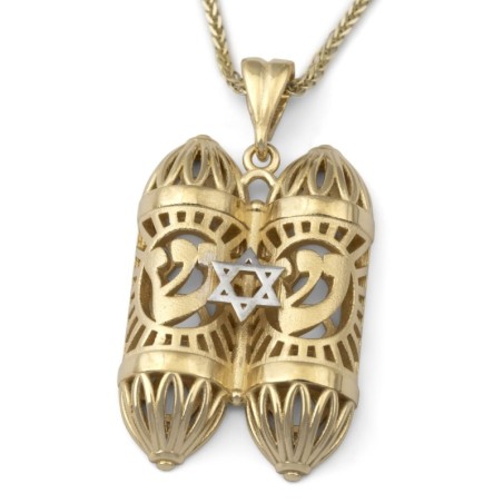Collier pendentif mezouza bicolore en or 14 carats avec étoile de David