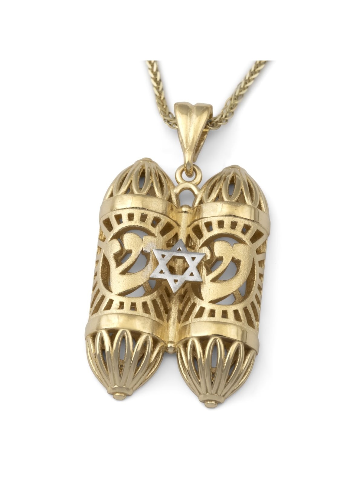 Collier pendentif mezouza bicolore en or 14 carats avec étoile de David