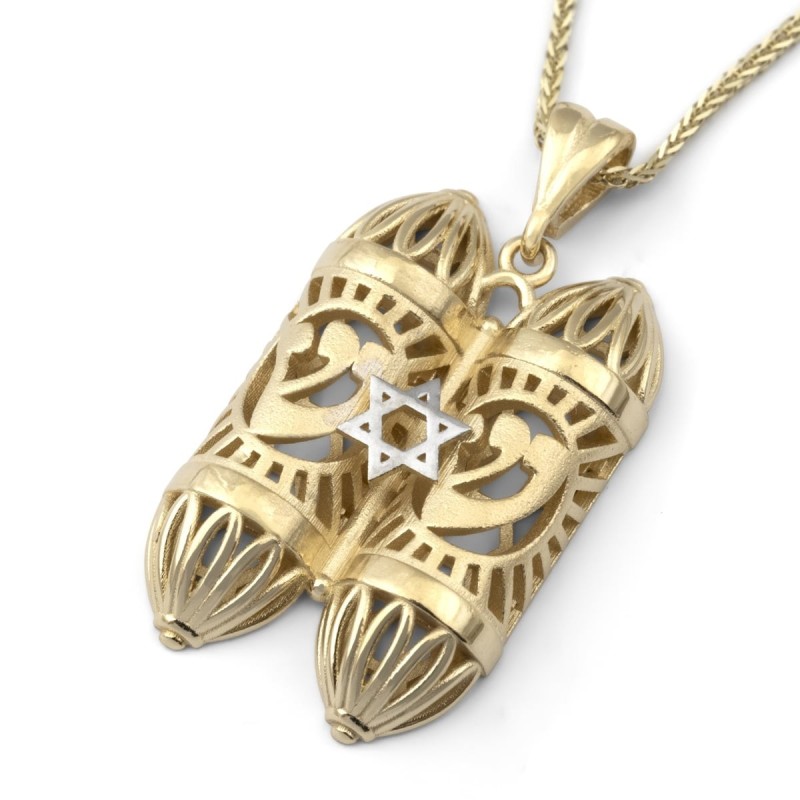 Collier pendentif mezouza bicolore en or 14 carats avec étoile de David