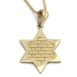 14K Gold Star of David Pendant Necklace With Western Wall Design
