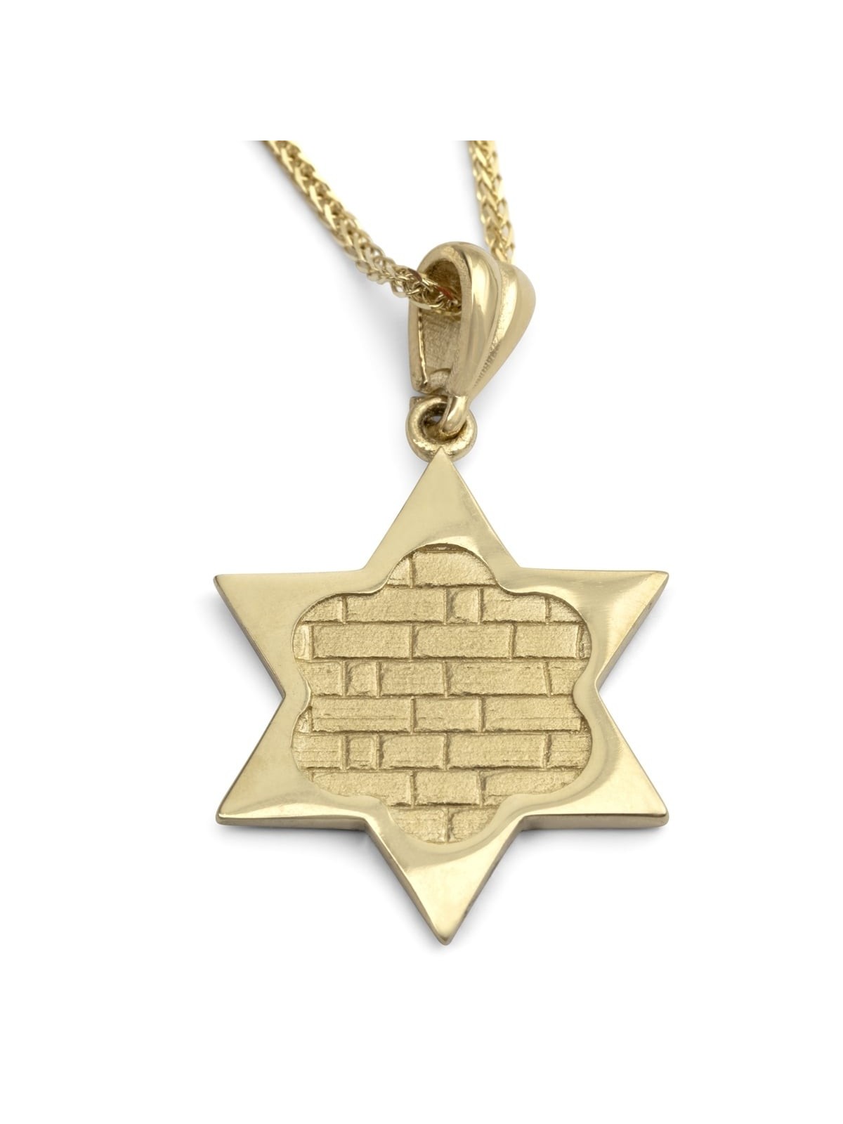 14K Gold Star of David Pendant Necklace With Western Wall Design