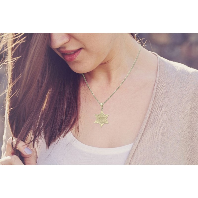 Collier pendentif étoile de David en or 14 carats avec motif mur occidental