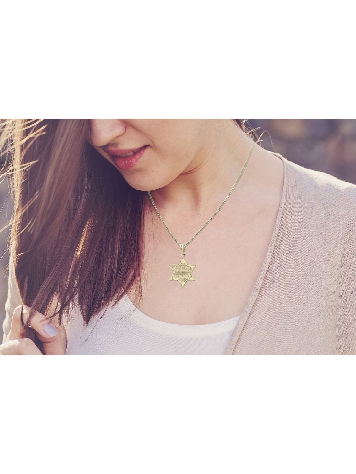 14K Gold Star of David Pendant Necklace With Western Wall Design