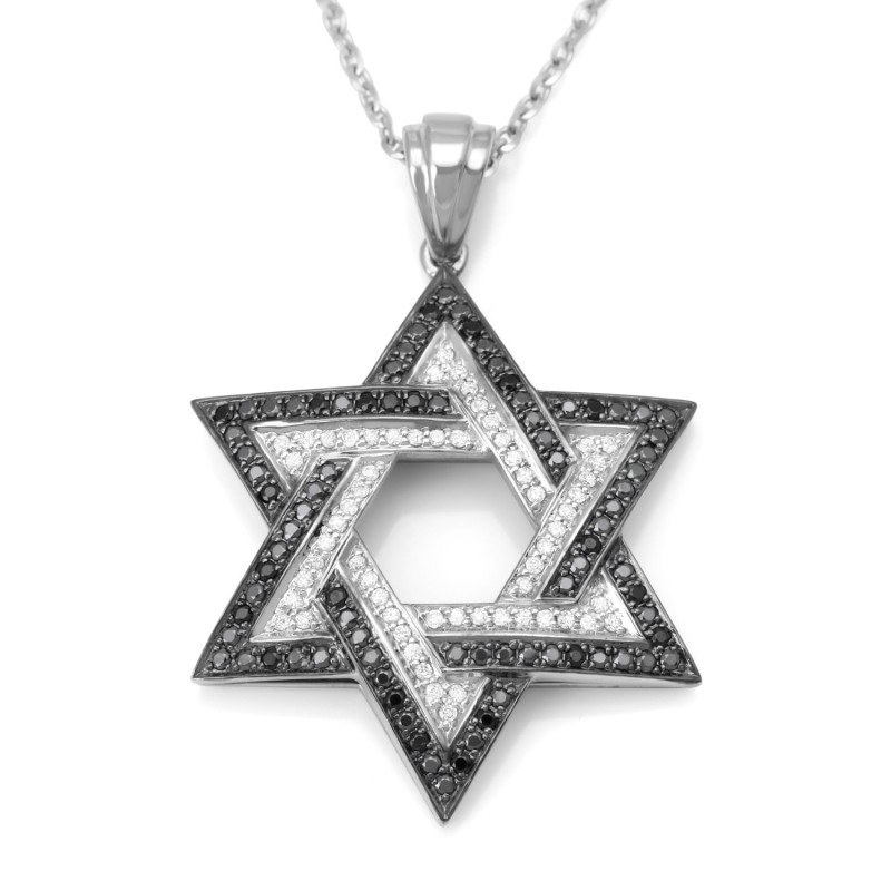 Pendentif double étoile de David en or blanc 14 carats doublé de noir et blanc