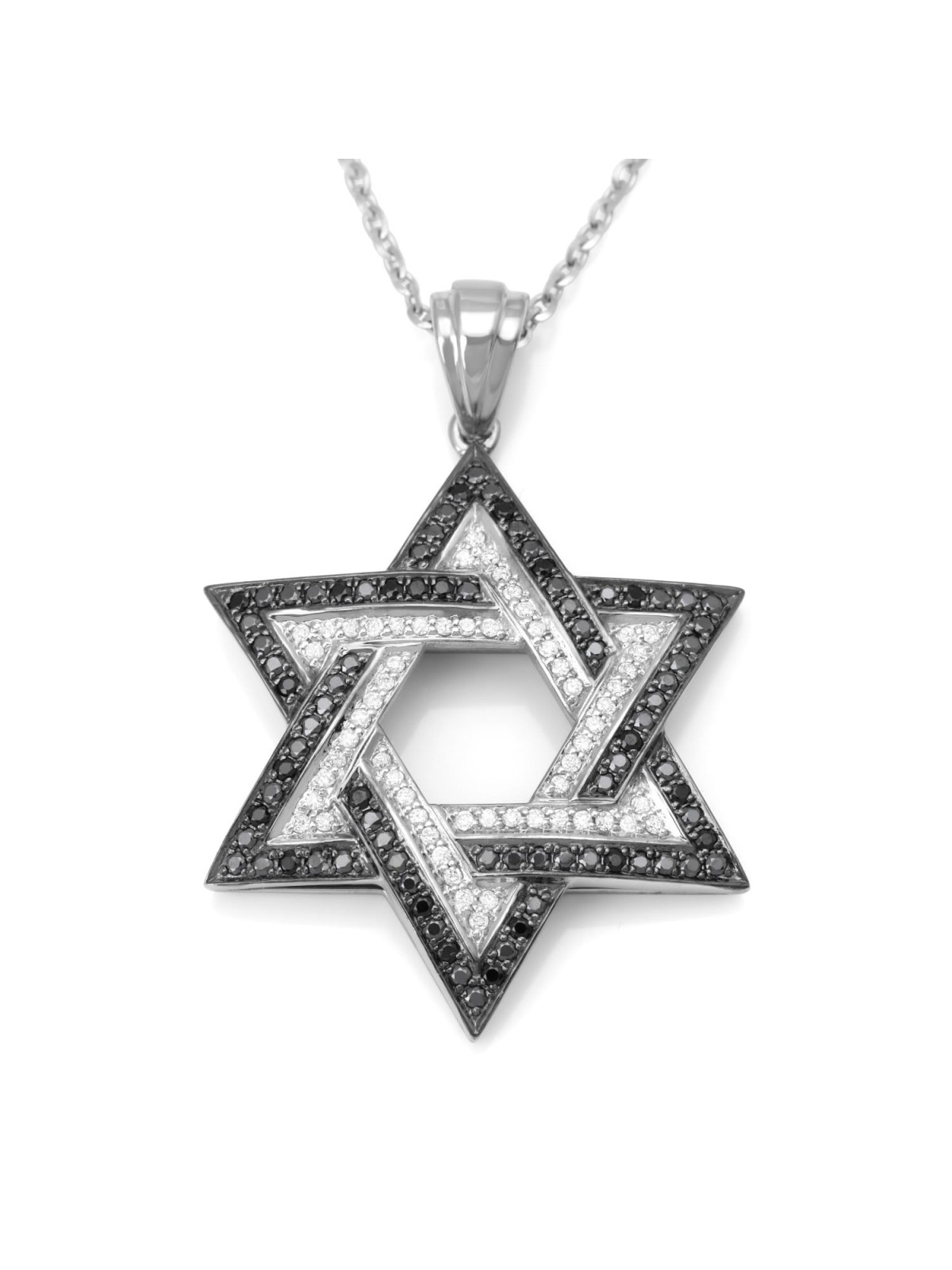 Pendentif double étoile de David en or blanc 14 carats doublé de noir et blanc