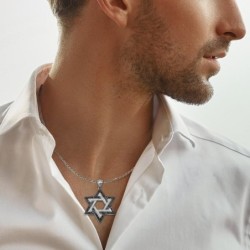 14K White Gold Double Star of David Pendant Lined with Black and White