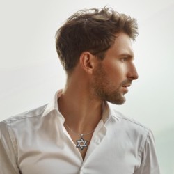 14K White Gold Double Star of David Pendant Lined with Black and White