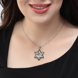14K White Gold Double Star of David Pendant Lined with Black and White