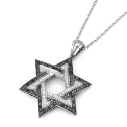 14K White Gold Double Star of David Pendant Lined with Black and White