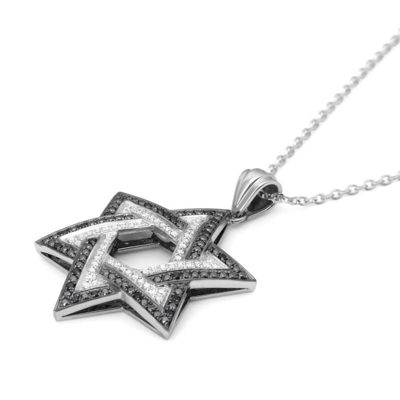 Pendentif double étoile de David en or blanc 14 carats doublé de noir et blanc