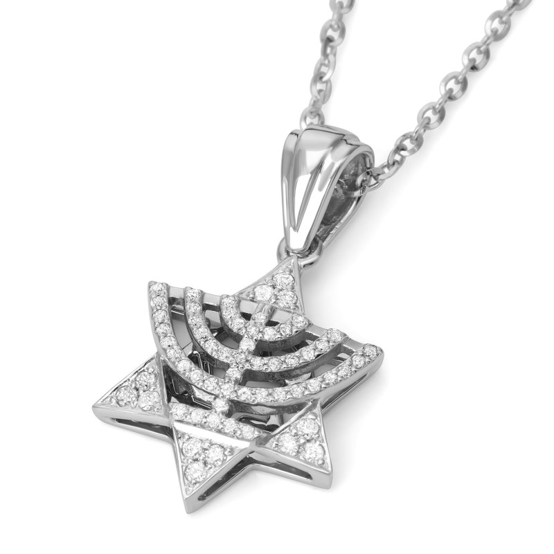 Pendentif menorah et étoile de David pour femme en or 14 carats avec diamants - Col